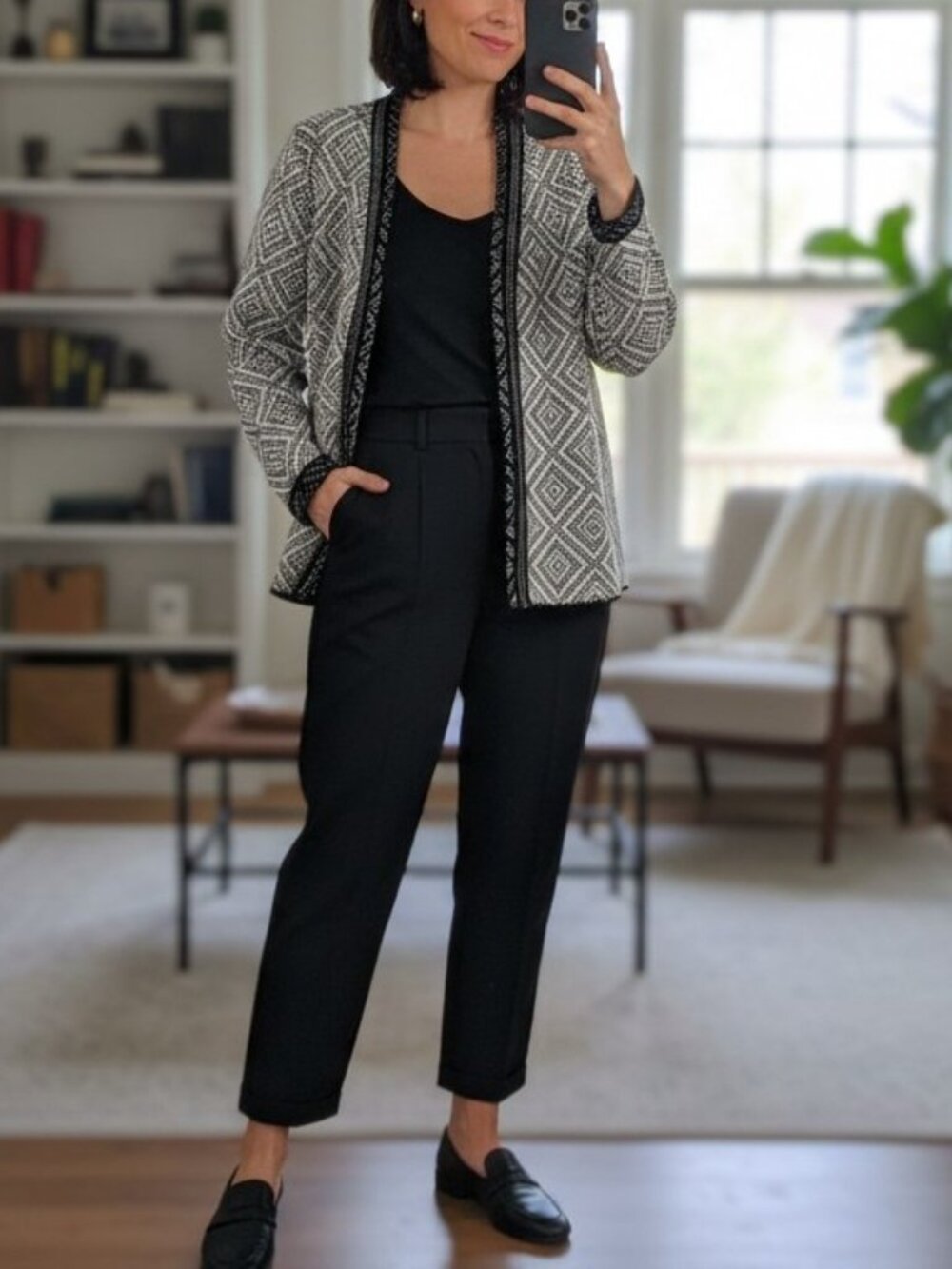 JM Collection Petite Geometric Knit Chain Trim Cardigan P/M